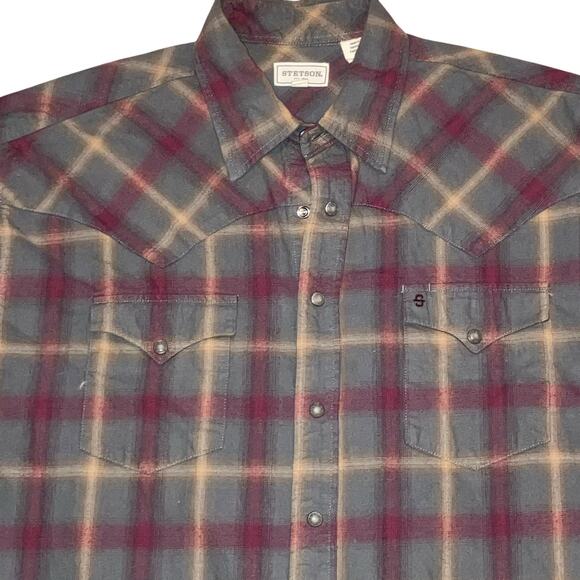 Stetson Men’s Dobby Plaid Long Sleeve Snap Front Flannel Shirt -XL - Picture 6 of 14